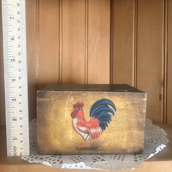 Vintage Hand Painted Rustic Wooden Recipe Box Green Rooster Storage Box Kitchen - Picture 3 of 7